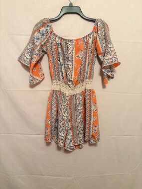 Rue 21 Orange Floral Off-Shoulder Romper with Crochet Waist
